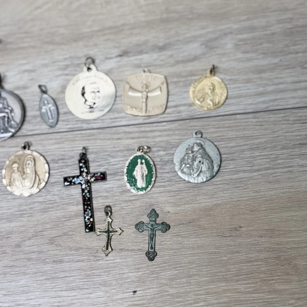 Vintage Religious Charm Lot Cross Medal Saint Pendant Catholic Jewelry‎ Bundle
